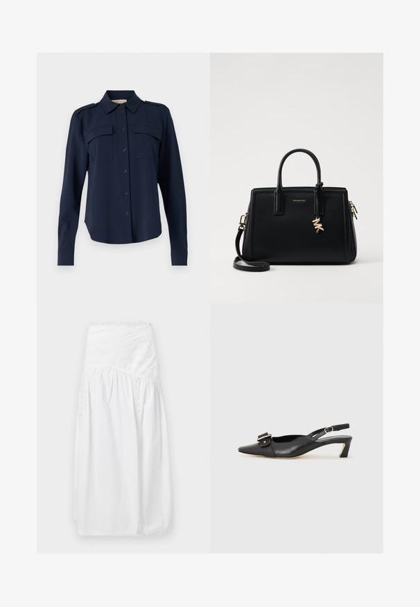 Marineblauw button-up shirt van zachte stof. Heeft twee borstzakken, schouderepauletten en lange mouwen met knopenmanchetten.; sandro JUPE - Maxirok - blanc; Zwarte leren slingback schoen met scherpe neus, kleine hak en decoratieve gespdetails op de bovenkant. Stijlvolle textuur, minimalistisch ontwerp.; Zwarte leren handtas met gestructureerd ontwerp, dubbele handvatten aan de bovenkant, afneembare schouderband, gouden hardware en een logo charm accent.