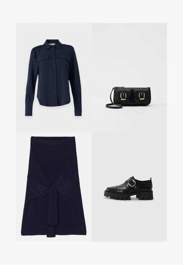 Tengerészkék gombos ing, puha anyagból készült. Két mellzsebe van, vállpántokkal és hosszú ujjakkal, amelyek gombos mandzsettával záródnak.; Sötétkék csomós designnal készült, puha, rugalmas anyagú rakott szoknya, sima textúrával és precíz élekkel.; Fekete bőr cipők tömzsi, bordázott talppal, kerek ezüst hardware díszítéssel és minimális varrási részletekkel.; Fekete bőr keresztbody táska két elülső zsebbel, arany csattokkal, cipzáras záródással és vékony pánttal. Textúrált felület és kompakt téglalap alak.