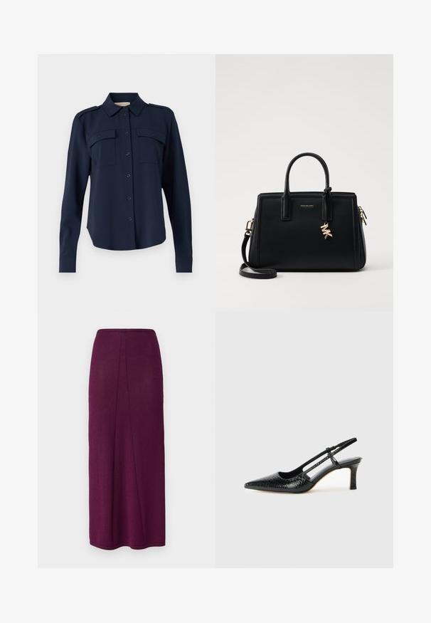 Tamsiai mėlynas mygtukinis marškinis, pagamintas iš minkštos medžiagos. Yra dvi krūtinės kišenės, pečių epauletai ir ilgomis rankovėmis su mygtukais.; Gilėta maksi sijonas tamsiai violetinės spalvos, su tiesia siluetu, turintis galinį plyšį, kad būtų suteikta daugiau judėjimo ir lygaus apdailos.; Juodai lakuoti slingback aukštakulniai su smailiu nosiu, su tekstūruotu gyvatės raštu, reguliuojama juosta ir trumpu, tekstūruotu blokiniu kulnu.; Juodas odinis rankinė su struktūrizuotu dizainu, dviem viršutinėmis rankenėlėmis, nuimamu petiniu dirželiu, auksiniais akcentais ir logotipo pakabuku.