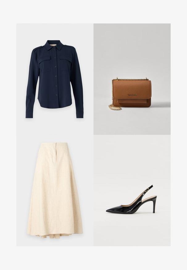 Marineblauw button-up shirt van zachte stof. Heeft twee borstzakken, schouderepauletten en lange mouwen met knopenmanchetten.; Beige linnen midi-rok met een uitlopend model, middennaad en een decoratieve knop op de tailleband. Glad textuur en lichtgewicht stof.; Zwarte gepatineerde leren slingback pump met een puntige neus, slanke hak en een subtiel uitgesneden ontwerp. Bevat een gouden gesp op de band.; Bruine lederen schoudertas met textuur, voorzien van een gouden kettingstrap en klepsluiting. De voorkant heeft een logo-detail en een zak onder de klep.