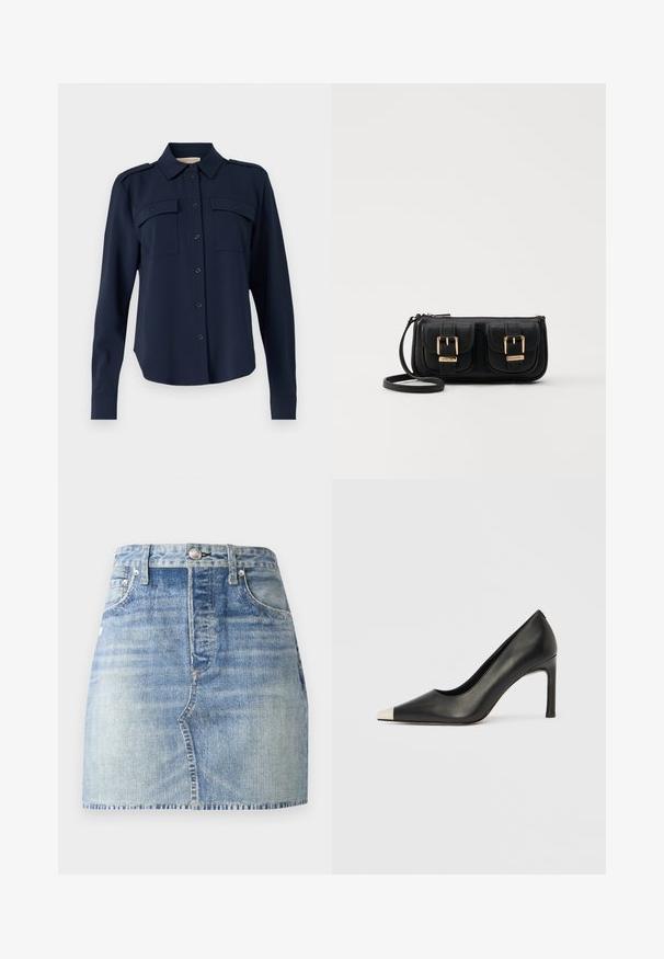 Mornaricno plava košulja dugih rukava izrađena od mekanog materijala. Ima dva džepa na prsima, epoletu na ramenima i dugmadi na manžetama.; Traper suknja svijetloplave boje, visokog struka s prilagođenim krojem, obrubljenim rubom i klasičnim pet džepova. Naglasci od srebrnog hardvera.; Crna kožna cipela s visokim potpeticama, špicastim vrhom i metalnim srebrnim vrhom. Ima glatku završnu obradu i tanku petu visine 10 cm.; Crna kožna torba preko ramena s dva prednja džepa, zlatnim kopčama, zatvaranjem na zip i uskim remenom. Teksturirana površina i kompaktan pravokutan oblik.