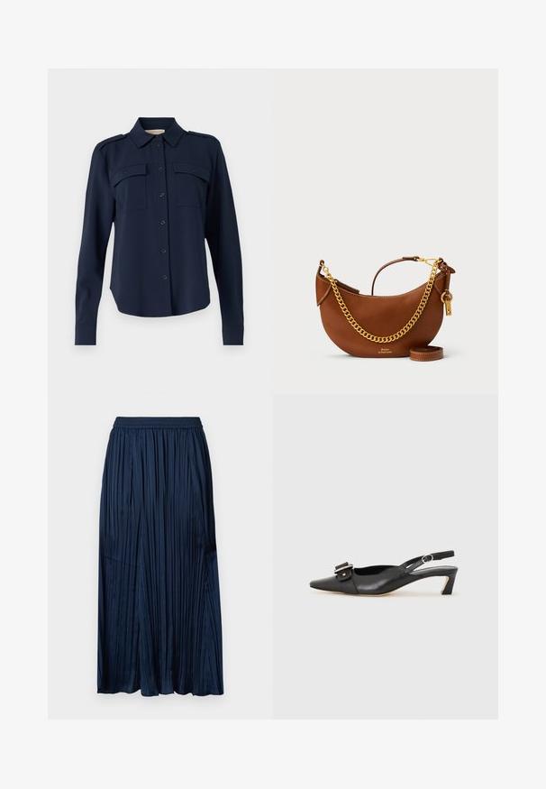 Námořnická modrá košile na knoflíky vyrobená z měkkého materiálu. Obsahuje dvě náprsní kapsy, ramenní epauletky a dlouhé rukávy s knoflíkovými manžetami.; Námořnická plisovaná maxi sukně s elastickým pasem, s hladkým povrchem a rozšířeným střihem, sahající pod kolena.; Černé kožené sandály s úzkou špičkou, malým podpatkem a dekorativní sponou na nártu. Hladký povrch, minimalistický design.; Hnědá kožená kabelka s zakřiveným designem, zlatým řetízkem, vnitřní kapsou a odnímatelným ramenním popruhem. Obsahuje kontrastní prošívání.