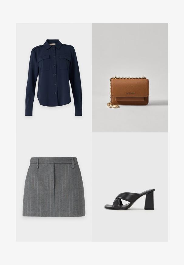 Camicia blu navy con bottoni realizzata in tessuto morbido. Presenta due tasche sul petto, spalline sulle spalle e maniche lunghe con polsini abbottonati.; Gonna grigia con righe sottili, dalla vestibilità su misura, caratterizzata da righe azzurro chiaro, passanti per la cintura e una piega frontale. Realizzata in tessuto texture. Lunghezza corta.; MAX&Co. SOHO - Sandali con tacco - schwarz; Borsa a tracolla in pelle marrone con texture, dotata di catena dorata e chiusura a pattina. Sul davanti presenta un dettaglio con logo e una tasca sotto la pattina.
