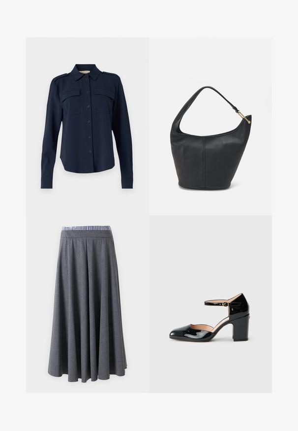 Cămașă albastră închis, cu nasturi, realizată dintr-un material moale. Dispune de două buzunare la piept, epoleți pe umeri și mâneci lungi cu manșete cu nasture.; Pantaloni cu talie înaltă, de culoare gri închis, cu croială largă și un model tartan subtil, cu un brâu în dungi albastre și albe, expuși suspendați pe un fundal alb.; Pantofii Mary Jane din piele patent neagră, cu toc bloc, curea pentru gleznă și cataramă aurie, prezentate din profil pe un fundal alb.; Geantă din piele neagră, cu o formă rotunjită, curea lată și un finisaj texturat. Are detalii subtile de cusătură și un accent din metal de culoare aurie.