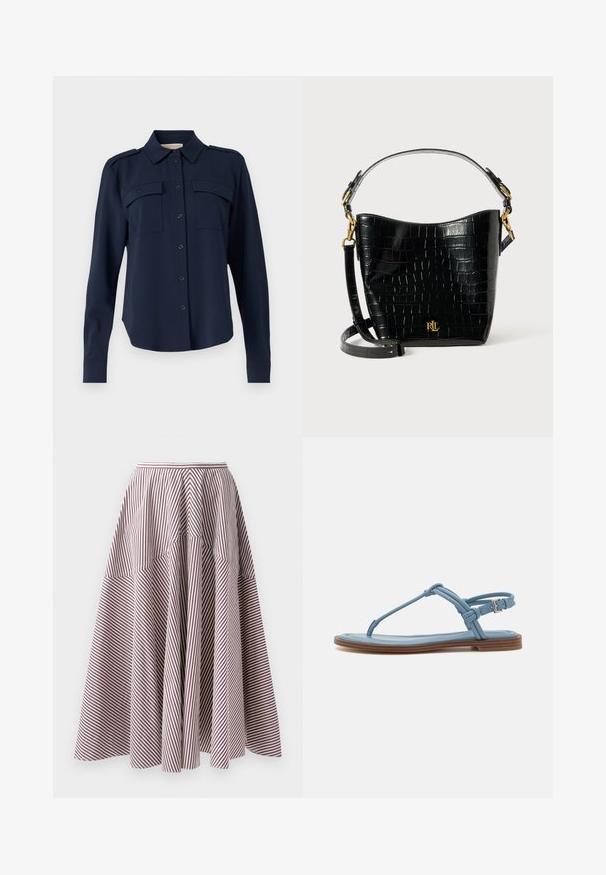 Mornarno modra srajca s gumbi, izdelana iz mehkega materiala. Ima dve žepoma na prsih, ramenske epaulety in dolge rokave z gumbastimi manšeti.; Črtasta krila z navpičnimi belimi in burgundskimi črtami, z razširjeno zasnovo in nabranim materialom v predelu pasu, narejena iz lahkotnega materiala.; Modra usnjena japanka z ravnim podplatom, ki ima ozko naramnico in zaponko okoli gležnja za varno prileganje.; Črna torbica iz usnja z embosiranim krokodiljim vzorcem, ukrivljene oblike, z zlatimi akcenti, nastavljivim trakom in podrobnostjo logotipa spredaj.