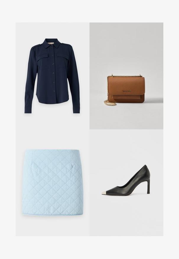 Granatowa koszula zapinana na guziki, wykonana z miękkiego materiału. Posiada dwie kieszenie na piersiach, pagony na ramionach oraz długie rękawy z guzikiem na mankietach.; Jasnoniebieska pikowana spódnica z diamentowym wzorem, z dwoma bocznymi kieszeniami i prostym dołem. Wykonana z fakturowanej tkaniny.; Czarny skórzany but na wysokim obcasie z ostrym noskiem i metaliczną srebrną nasadką. Posiada gładkie wykończenie i smukły obcas o wysokości 10 cm.; Brązowa skórzana torba na ramię z teksturą, z złotym łańcuszkiem i zapięciem na klapkę. Z przodu znajduje się detal z logo oraz kieszeń pod klapką.