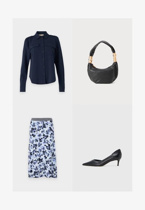 Tamsiai mėlynas mygtukinis marškinis, pagamintas iš minkštos medžiagos. Yra dvi krūtinės kišenės, pečių epauletai ir ilgomis rankovėmis su mygtukais.; Mėlyna ir balta gėlių rašto sijonas iš lengvos medžiagos, su pilku elastingu juosmeniu ir plačiu A formos siluetu. Yra abstraktūs tamsūs gėlių raštai.; Juodi odiniai aukštakulniai su smailiu priekeliu ir žemu kulnu. Turi lygią tekstūrą ir subtilų blizgesį. Priekyje yra atvira anga, suteikianti papildomo detalių.; Juodas odinis rankinukas apvalios formos, minkštos tekstūros su susietu rankena ir auksinės spalvos detalėmis. Užtrauktuko uždarymas.