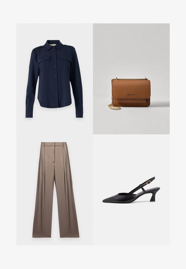 Navy blue button-up shirt made of soft fabric. Features two chest pockets, shoulder epaulets, and long sleeves with buttoned cuffs.; Wide-leg trousers in a muted taupe color, made of smooth fabric with a satin finish. Features a tailored waistband and subtle pleats.; Black leather slingback shoe with a pointed toe, low heel, and adjustable strap featuring a gold ring accent. Smooth texture and minimalist design.; Brown textured leather crossbody bag with gold chain strap and flap closure. Front features logo detail and a pocket under the flap.