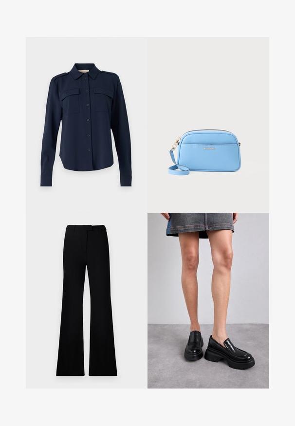 Navyblaues Hemd mit Knopfleiste aus weichem Stoff. Verfügt über zwei Brusttaschen, Schulterklappen und lange Ärmel mit geknöpften Manschetten.; Schwarze ausgestellte Hose mit einer glatten Textur, tailliertem Bund und Fronttaschen, entworfen mit einer eleganten, modernen Silhouette.; MICHAEL Michael Kors SHILOH LOAFER - Plateaupumps - black; Hellblaues Leder-Crossbody-Bag mit goldfarbenen Beschlägen, Reißverschluss und einer Fronttasche. Verfügt über einen verstellbaren Riemen für zusätzlichen Komfort.