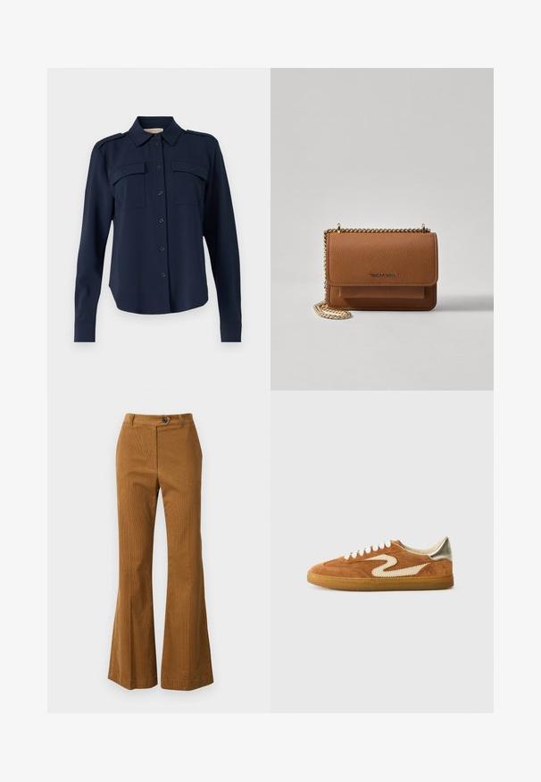 Navy blue button-up shirt made of soft fabric. Features two chest pockets, shoulder epaulets, and long sleeves with buttoned cuffs.; Brown flared trousers made of textured fabric, featuring a button closure and a clean waistband design.; Suede sneakers in brown and cream, featuring a unique zigzag design, beige laces, and a gum rubber sole. Metallic accents on the heel.; Brown textured leather crossbody bag with gold chain strap and flap closure. Front features logo detail and a pocket under the flap.