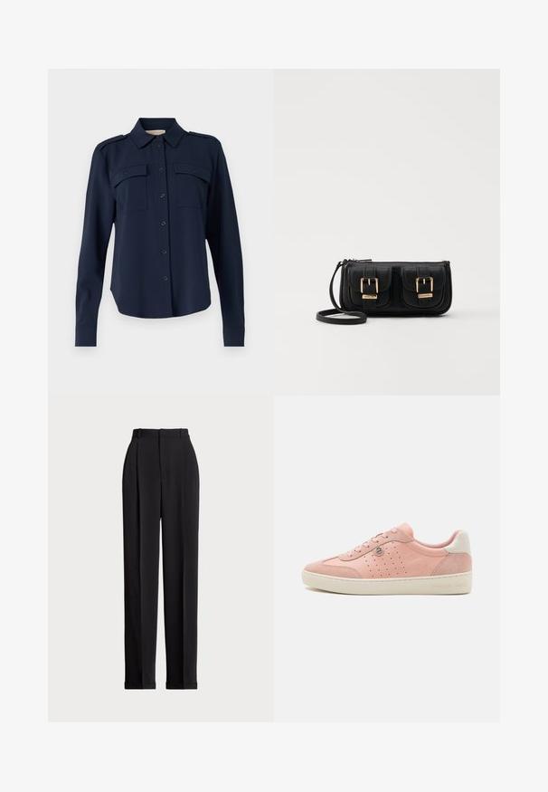 Camisa de botón azul marino hecha de una tela suave. Cuenta con dos bolsillos en el pecho, hombreras y mangas largas con puños abotonados.; Pantalones negros a medida con una cintura alta, que cuentan con pliegues en la parte delantera, un diseño de pierna recta y dobladillo con vuelta. Fabricados con un tejido suave.; Zapatillas de ante rosa con un acabado suave, detalles perforados, suela color crema y un pequeño logo. Diseño tradicional con cordones.; Bolso cruzado de cuero negro con dos bolsillos frontales, hebillas doradas, cierre de cremallera y una correa delgada. Superficie texturizada y forma rectangular compacta.