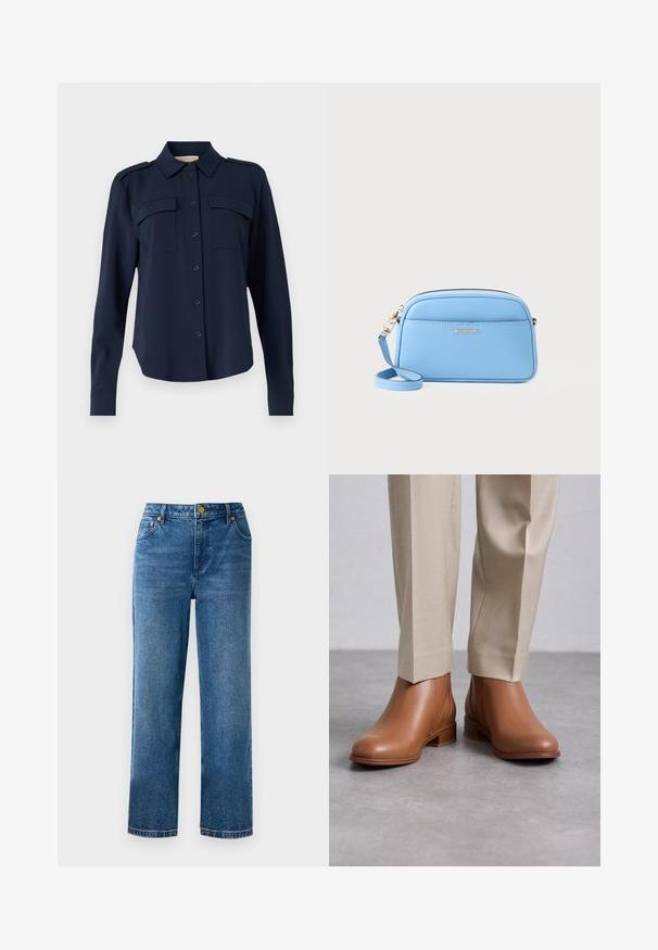 Cămașă albastră închis, cu nasturi, realizată dintr-un material moale. Dispune de două buzunare la piept, epoleți pe umeri și mâneci lungi cu manșete cu nasture.; Jeans bleue cu High-Waisted, cu croi drept, din denim, cu cinci buzunare și detalii metalice aurii.; Botine din piele maro, cu un finisaj texturat, vârf rotund și toc mic, purtate cu pantaloni bej deschis.; Geantă de umăr din piele albastru deschis, cu accente aurii, închidere cu fermoar și un buzunar frontal. Dispune de o curea ajustabilă pentru confort.