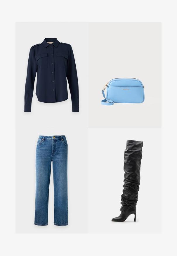 Tumedatane nööbiga särk, mis on valmistatud pehmest kangast. Omab kahte rinna taskut, õlavarre epauletti ning pikki varrukaid nööpidega mansettidega.; Sinine kõrge vöökohaga teksapüksid sirge lõikega, valmistatud denimist, viie taskuga ja kuldsetes toonides detailidega.; Must must üle põlve jalanõu, millel on veniv disain, terav nina ja stiletto-konts. Omab pehmet tekstuuri ja kogutud detaile.; Hele sinine nahast ristiõlakott kuldse viimistlusega, tõmblukk, ja eesmine tasku. Omab reguleeritavat rihma mugavuse tagamiseks.