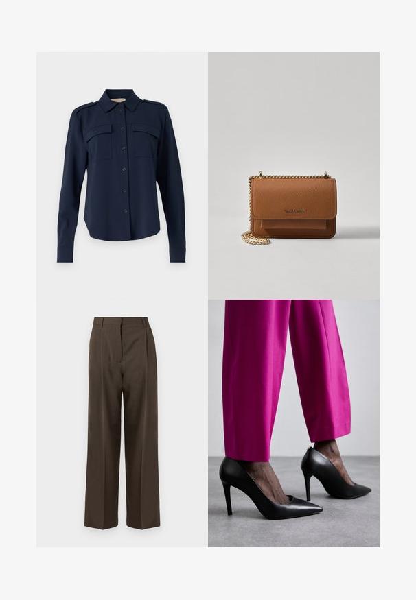 Mørkeblå skjorte med knapper lavet af blødt stof. Har to brystlommer, skulderklapper og lange ærmer med knapmanchetter.; Brune brede bukser med en glat tekstur, der har høj talje, frontfold og en skræddersyet design. Ingen synlige lommer eller udsmykninger.; Sorte højhælede sko med spids tå-design og glat læderstruktur. Kombineret med lyserøde, skræddersyede bukser.; Brun tekstureret læder crossover-taske med guldkæde-rem og klaplukning. Forsiden har logo-detalje og en lomme under klappen.