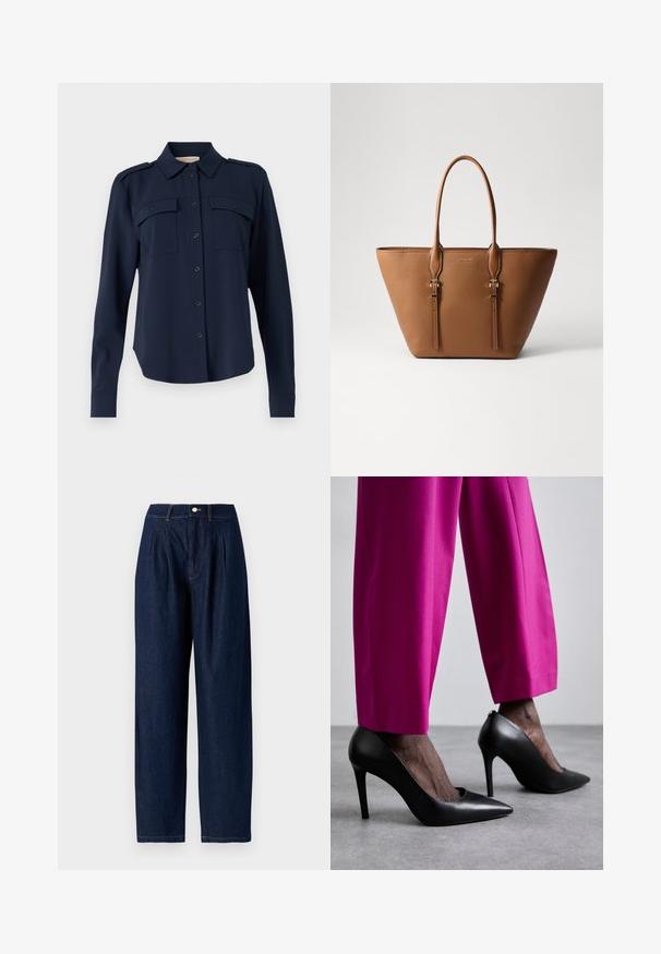 Chemise boutonnée bleu marine en tissu doux. Elle comporte deux poches poitrine, des épaulettes et des manches longues avec des poignets boutonnés.; Pantalons en denim bleu foncé avec taille haute, jambes larges, plis devant, fermeture à bouton en métal argenté et accents de surpiqûres jaunes.; Chaussures à talons hauts noires avec un design à bout pointu et une texture en cuir lisse. Associées à des pantalons ajustés rose vif.; Sac fourre-tout en cuir marron avec une surface texturée, une forme effilée, deux poignées solides et des accents décoratifs en métal doré.