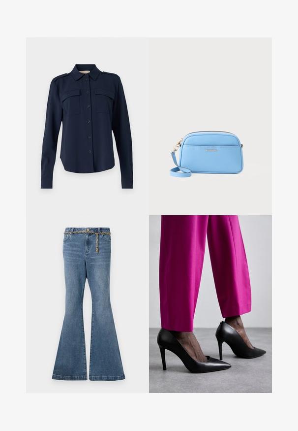 Mørkeblå skjorte med knapper lavet af blødt stof. Har to brystlommer, skulderklapper og lange ærmer med knapmanchetter.; Flared blå jeans i mellemvasket denim, med en guldkæde detalje i taljen og standard fem-lomme design.; Sorte højhælede sko med spids tå-design og glat læderstruktur. Kombineret med lyserøde, skræddersyede bukser.; Lyseblå læder crossbody-taske med hardware i guld tone, lynlås lukning og en frontlomme. Har en justerbar rem for bekvemmelighed.