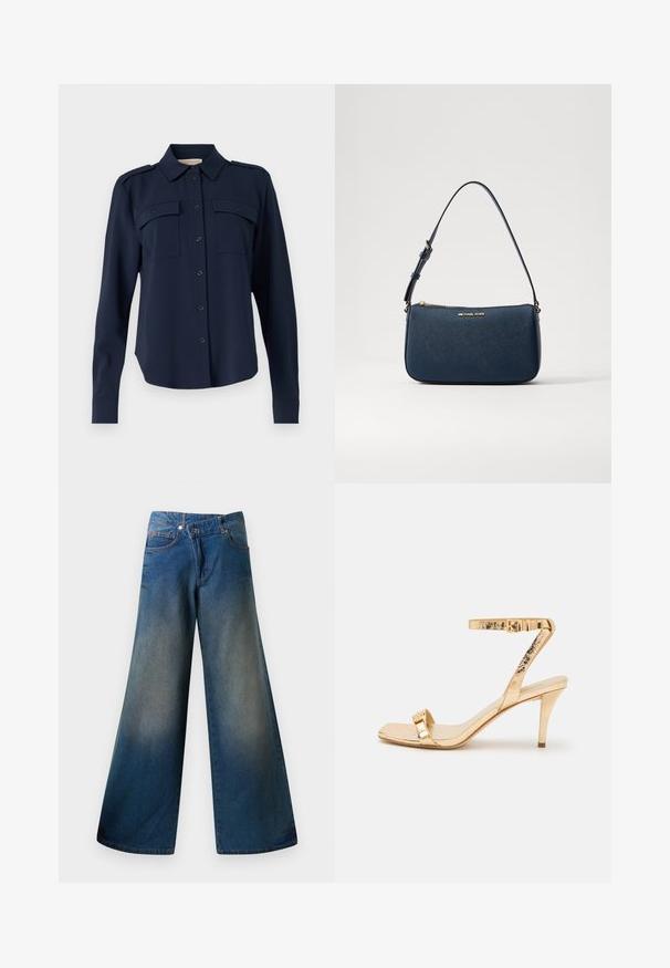 Camisa de botón azul marino hecha de una tela suave. Cuenta con dos bolsillos en el pecho, hombreras y mangas largas con puños abotonados.; Jeans de pernera ancha en denim, con un acabado ligeramente desvaído, costuras visibles, dos bolsillos frontales y cierre de botón.; Sandalia de tacón alto metálica dorada con una correa delgada para el tobillo, punta cuadrada y acentos decorativos de herrajes. Textura suave con un acabado brillante.; Bolso de mano de cuero sintético azul marino con logotipo dorado, cierre de cremallera y tira de hombro ajustable, con una textura suave y forma rectangular.