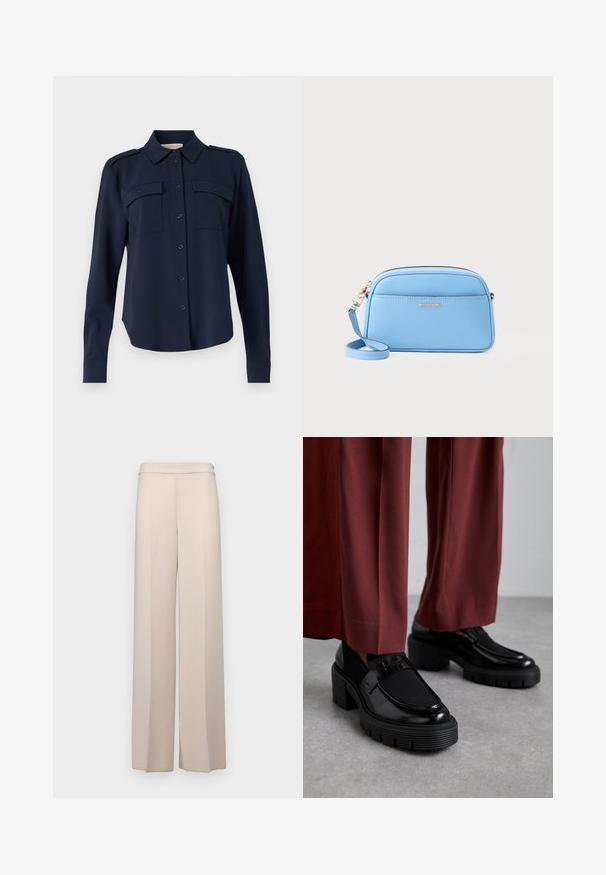 Marinblå skjorta med knappar i mjukt tyg. Har två bröstfickor, axelremmar och långa ärmar med knäppningar vid ärmsluten.; Beige vida byxorna i ett mjukt tyg, med hög midja och subtila främre veck. Inga fickor eller synliga hårdvarudetaljer.; Stuart Weitzman 5050 SOHO LOAFER - Platåpumps - black; Ljusblå lädercrossbodyväska med guldtonade detaljer, dragkedjestängning och en framficka. Försedd med en justerbar rem för bekvämlighet.