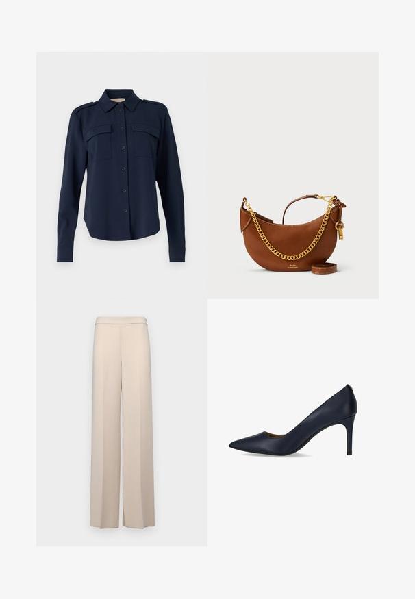 Tengerészkék gombos ing, puha anyagból készült. Két mellzsebe van, vállpántokkal és hosszú ujjakkal, amelyek gombos mandzsettával záródnak.; Behúzódó széles lábú nadrág sima anyagból, magas derékkal és diszkrét elülső redőkkel. Nincs zsebe és látható fémszerelvénye.; Sötétkék magassarkú cipő sima bőrből, hegyes orral és keskeny sarkal. Egyszerű dizájn, további díszítések nélkül.; Barna bőr kézi táska íves kialakítással, arany lánc pánttal, belső zsebbel és leválasztható vállpánttal. Kontrasztos varrás jellemzi.