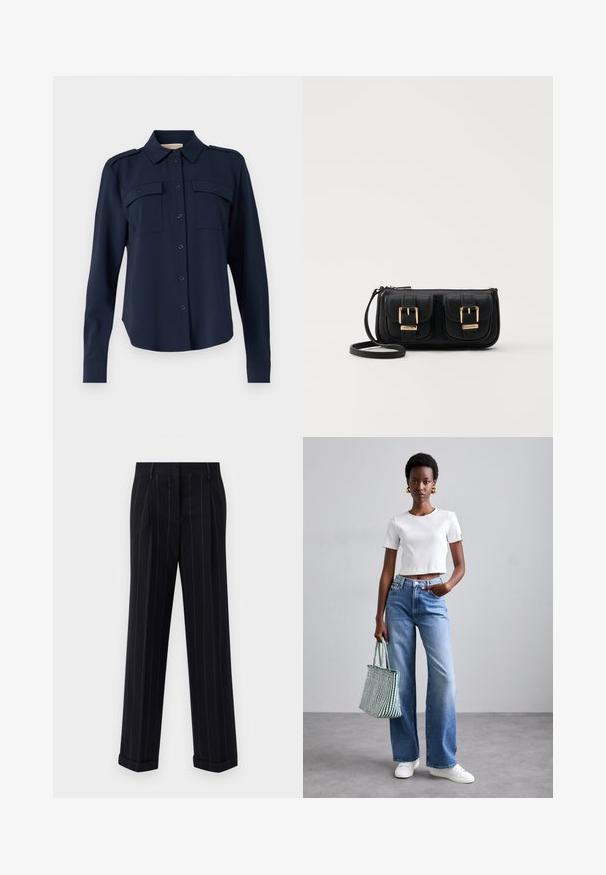 Chemise boutonnée bleu marine en tissu doux. Elle comporte deux poches poitrine, des épaulettes et des manches longues avec des poignets boutonnés.; Pantalons noirs à rayures fines avec une coupe ajustée, dotés d'un ourlet à revers et de plis avant. Fabriqués en tissu lisse avec un design structuré.; T-shirt cropped blanc à côtes, jeans larges bleu clair, et sneakers blanches. Portant un sac fourre-tout à rayures vertes et blanches.; Sac en cuir noir porté en travers avec deux poches avant, boucles dorées, fermeture zippée et une sangle fine. Surface texturée et forme rectangulaire compacte.