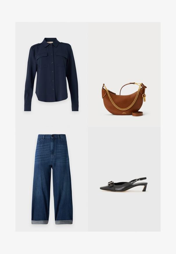Mornarno modra srajca s gumbi, izdelana iz mehkega materiala. Ima dve žepoma na prsih, ramenske epaulety in dolge rokave z gumbastimi manšeti.; Temno modri široki traper hlače s manšeti, sprednjim gumbom in žepoma na enostavni svetli podlagi.; Črne usnjene slingback čevlje z ostrim nosom, majhnim petam in dekorativno sponko na zgornjem delu. Gladka tekstura, minimalistična zasnova.; Rjava usnjena torbica s ukrivljenim dizajnom, zlatim verižnim trakom, notranjim žepom in snemljivim ramenskim trakom. Ima kontrastno šivanje.
