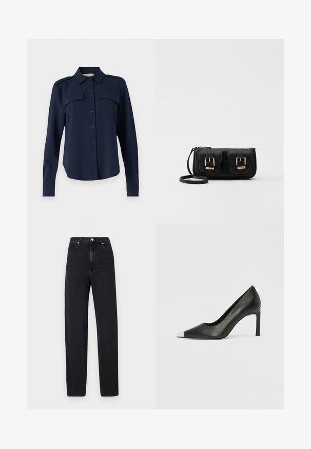 Camicia blu navy con bottoni realizzata in tessuto morbido. Presenta due tasche sul petto, spalline sulle spalle e maniche lunghe con polsini abbottonati.; Jeans neri a gamba dritta in denim. Presentano un alto punto vita, chiusura con bottone metallico, cinque tasche e dettagli di cucitura discreti.; Scarpa con tacco alto in pelle nera con punta affilata e cappuccio metallico argento. Presenta una finitura liscia e un tacco sottile di 10 cm.; Borsa a tracolla nera in pelle con due tasche frontali, fibbie dorate, chiusura con zip e una tracolla sottile. Superficie texturizzata e forma rettangolare compatta.