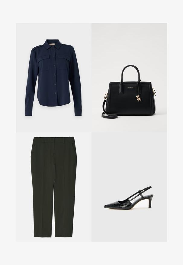 Mornarno modra srajca s gumbi, izdelana iz mehkega materiala. Ima dve žepoma na prsih, ramenske epaulety in dolge rokave z gumbastimi manšeti.; Temno zelene, krojene hlače iz gladkega materiala. Imajo dva sprednja žepa, raven pas in ravne noge brez vidnih vzorcev.; Črne lakaste slingback pete s koničastim nosom, ki imajo teksturiran vzorec kačje kože, nastavljiv trak in kratek teksturiran blok peto.; Črna usnjena torbica s strukturirano zasnovo, dvema zgornjima ročajema, odstranjevanim naramnim trakom, zlatim okovjem in dodatkom z logotipom.