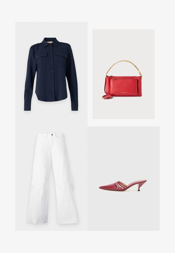 Námornícky modrá košeľa na gombíky vyrobená z jemného materiálu. Obsahuje dve náprsné vrecká, ramenné epauletky a dlhé rukávy s gombíkovými manžetami.; Biele široké denimmové nohavice s piatimi vreckami. Majú čierny gombík a zips na zapínanie. Hladká textúra, rovný strih.; Červené kožené vysoké podpätky typu mule s špicatou špičkou, s výrezmi na vampi a malým, zúženým podpätkom. Hladký povrch.; Červená kožená kabelka s textúrovaným povrchom, zlatým reťazcom a popruhom, predná vrecka na zips a embosované logo. Kompaktne navrhnutý a štruktúrovaný dizajn.