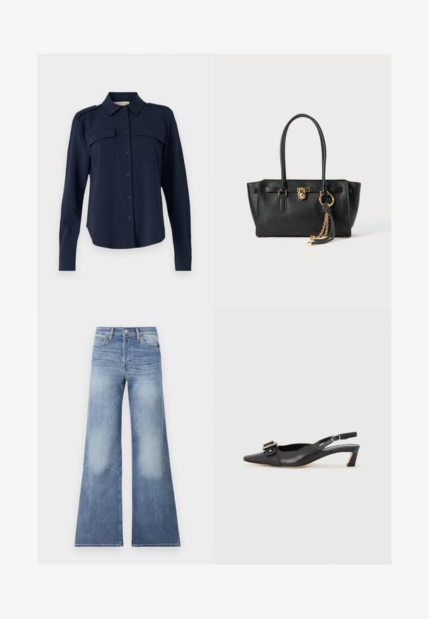 Cămașă albastră închis, cu nasturi, realizată dintr-un material moale. Dispune de două buzunare la piept, epoleți pe umeri și mâneci lungi cu manșete cu nasture.; Jeans din denim albastru deschis, cu croială evazată și talie înaltă, având detalii de decolorare și accesorii cusute, concepute pentru o potrivire relaxată.; Pantofii negri din piele cu toc mic, vârf ascuțit și detaliu decorativ cu cataramă pe partea superioară. Textură netedă, design minimal.; Geantă de mână din piele neagră cu mânere duble, lacăt aurit și detalii cu lanț, împreună cu un accesoriu cu ciucuri alb-negru, pe fond alb.