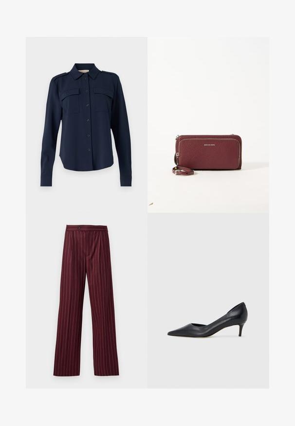 Navyblaues Hemd mit Knopfleiste aus weichem Stoff. Verfügt über zwei Brusttaschen, Schulterklappen und lange Ärmel mit geknöpften Manschetten.; Burgunderfarbene weite Hosen mit einem Streifenmuster, gefältelter Vorderseite und Knopfverschluss, gefertigt aus einem glatten Stoff mit strukturiertem Design.; Schwarzer Pumps aus Leder mit spitzer Zehenpartie und niedrigem Absatz. Verfügt über eine glatte Textur und dezenten Glanz. Vordere Öffnung für ein zusätzliches Detail.; Burgunderfarbenes Lederportemonnaie mit strukturiertem Finish, Reißverschluss, Hardware in Silberfarben und abnehmbarem Tragegurt. Mit Logo auf der Vorderseite.