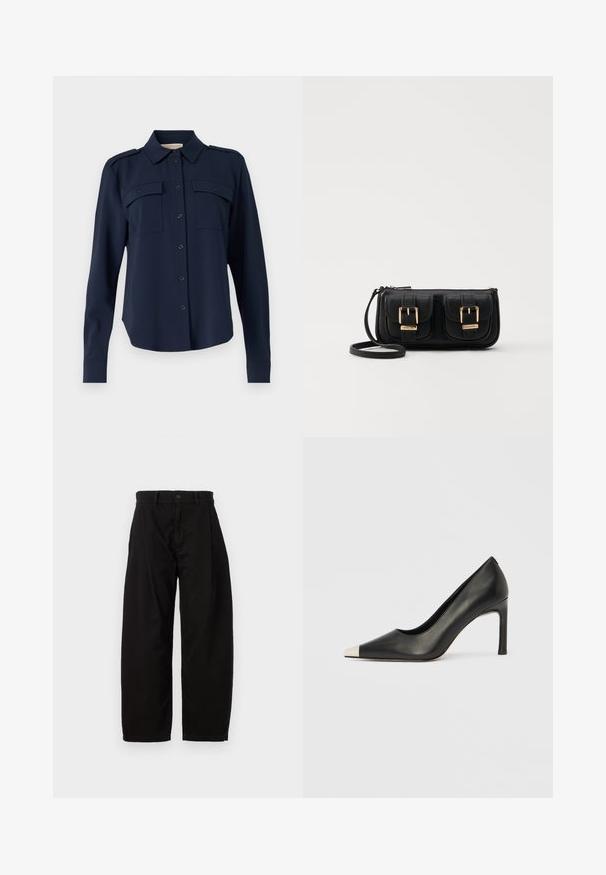 Mørkeblå skjorte med knapper lavet af blødt stof. Har to brystlommer, skulderklapper og lange ærmer med knapmanchetter.; Sorte, vide bukser lavet af bomuld med knap- og lynlåslukning, der har frontfolder og sidelommer.; Sort læder højhælet sko med spids tå og metal-sølv hætte. Har en glat finish og en slank hæl på 10 cm.; Sort læder crossbody taske med to frontlommer, guldspænder, lynlåslukning og en slank rem. Struktureret overflade og kompakt rektangulær form.