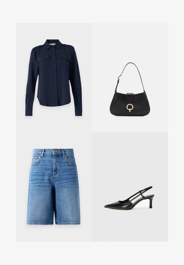 Mornarno modra srajca s gumbi, izdelana iz mehkega materiala. Ima dve žepoma na prsih, ramenske epaulety in dolge rokave z gumbastimi manšeti.; Denim kratke hlače v svetlo modri barvi, z visokim pasom, širokim krojem, petimi žepi in šivanjem ob robovih.; Črne lakaste slingback pete s koničastim nosom, ki imajo teksturiran vzorec kačje kože, nastavljiv trak in kratek teksturiran blok peto.; Črna usnjena torbica s ukrivljeno silhueto, kratkim ročajem, centralno zlatim okrasom in gladko teksturo. Brez vidnih vzorcev ali dodatkov.