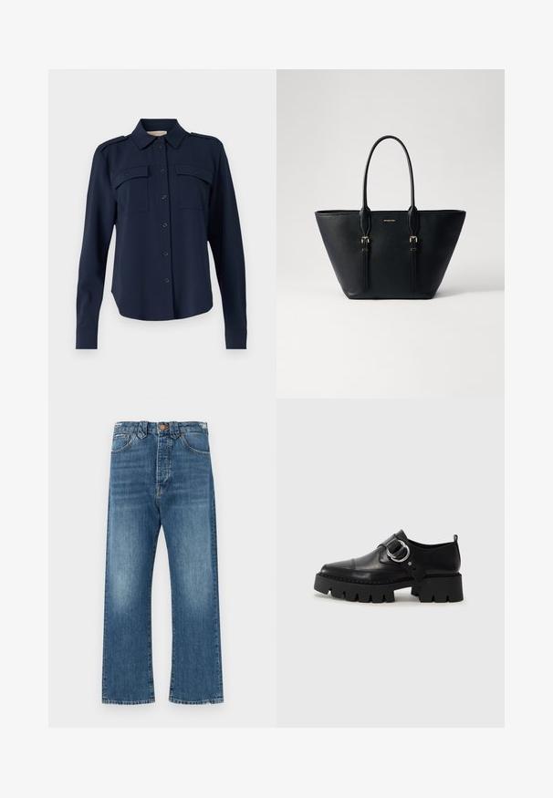 Navy blå button-up skjorte laget av mykt stoff. Har to brystlommer, skulderepauleter og lange ermer med knappedempede manchetter.; Lyseblå denimjeans med høyt liv, rett benstil og svak fading. Har klassisk søm og frontknapplukking.; Sorte læringssko med en kraftig ribbet såle, som har en sirkulær sølvfarget detalj og minimal sømdekorasjon.; Svart lær tote-veske med teksturert overflate, forlenga fasong, doble håndtak og detaljer i gullfarge.