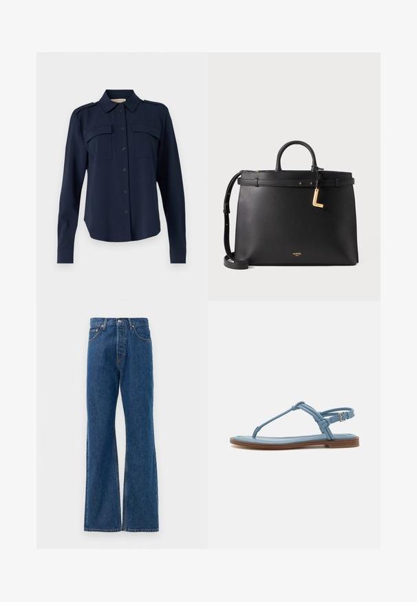 Tumedatane nööbiga särk, mis on valmistatud pehmest kangast. Omab kahte rinna taskut, õlavarre epauletti ning pikki varrukaid nööpidega mansettidega.; Sinine denimist flared teksad kõrge vöökoht, viie taskuga, hõbedase nööbi kinnitusega ja nähtavate õmbluste aktsentidega.; Sinine nahast sõrmsandaal, millel on lame tall ja õhuke rihmastruktuur, ning ankle-luku tõmblukk, mis tagab kindla sobivuse.; Mustmust kott, millel on kaks pealmist käepidet, eemaldatav rihm, kuldse sisustuse aktsent ja väike riputatav "L" silti. Sile tekstuur, struktureeritud disain.