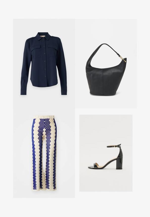 Marineblauw button-up shirt van zachte stof. Heeft twee borstzakken, schouderepauletten en lange mouwen met knopenmanchetten.; Haken wijduitlopende broek in crème en marineblauw, met een geometrisch patroon, elastische tailleband en open structuur gedurende het hele stuk.; Zwarte lakleren sandaal met een brede hak, open teen en enkelbandje met een gouden gesp. Zachte textuur en strak ontwerp.; Zwarte leren handtas met een ronde vorm, een brede schouderriem en een gestructureerde afwerking. Bevat subtiele naaddetails en een gouden hardwareaccent.