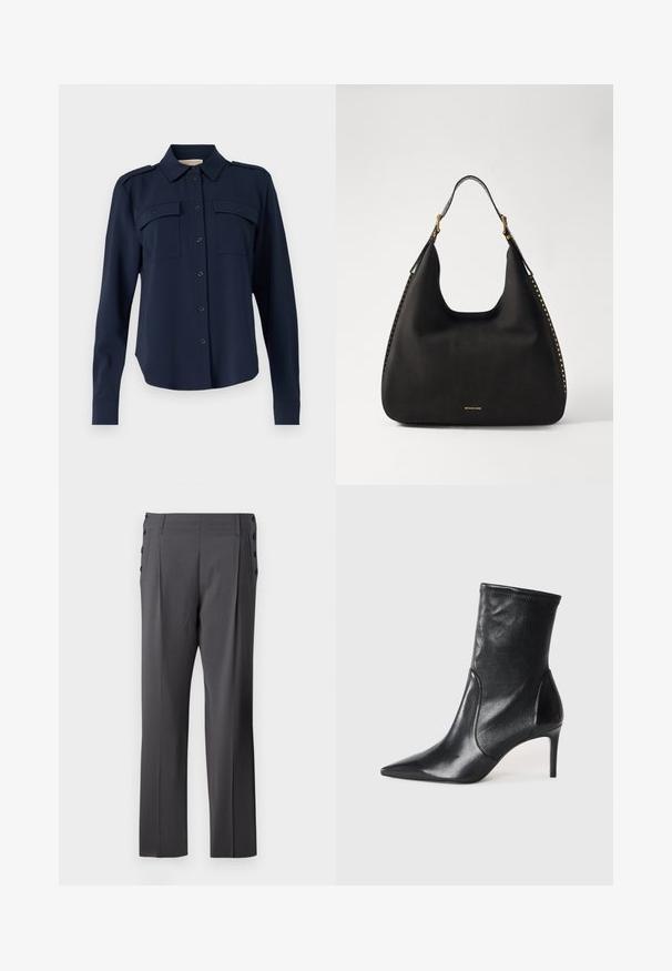 Tumši zila pogu krekls, kas izgatavots no mīksta auduma. Iespējas: divas krūšu kabatas, plecu uzlikas un garas piedurknes ar pogājamiem aprocēm.; Pelēki pielāgoti bikses ar taisnu kāju dizainu, priekšējiem piegriezumiem un dekoratīvām sānu pogām papildu detaļām. Gluda auduma tekstūra.; Melnas potītes zābakus, kas izgatavoti no gludas ādas, ar norādītu purngaliņu, pieguļošu kāju un šauru augstu papēdi. Minimalistisks dizains bez redzamiem aksesuāriem.; MICHAEL Michael Kors NOLITA HOBO - Rokassoma - black
