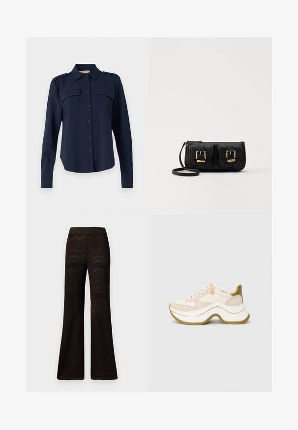 Tumši zila pogu krekls, kas izgatavots no mīksta auduma. Iespējas: divas krūšu kabatas, plecu uzlikas un garas piedurknes ar pogājamiem aprocēm.; Platas kāju melnas bikses ar zigzaga adījuma rakstu un elastīgu jostu, izliktas uz viendabīga balta fona.; Bēšas un baltas masīvas sporta kedas ar viļņveida biezu zoli, olīvu akcentiem, auklām un mazu zelta zīmola piekariņu sānos, uz vienkārša pelēka fona.; Melnas ādas crossbody soma ar divām priekšējām kabatām, zelta sprādzēm, ar rāvējslēdzēju aizdari un šauru siksnu. Strukturēta virsma un kompakta taisnstūra forma.