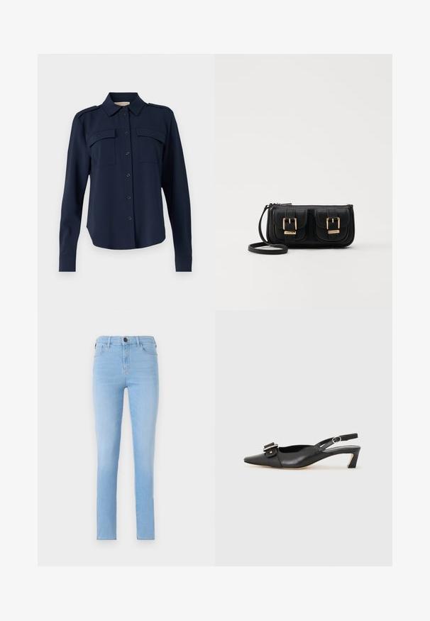 Tengerészkék gombos ing, puha anyagból készült. Két mellzsebe van, vállpántokkal és hosszú ujjakkal, amelyek gombos mandzsettával záródnak.; Világoskék farmernadrág Slim fit szabásban, öt zsebes dizájnnal és gombos záródással. Simaság jellemzi, klasszikus egyenes szárak.; Fekete bőr szandál kis sarkú, hegyes orral, díszes csattal a felsőrészen. Simább textúra, minimalista design.; Fekete bőr keresztbody táska két elülső zsebbel, arany csattokkal, cipzáras záródással és vékony pánttal. Textúrált felület és kompakt téglalap alak.