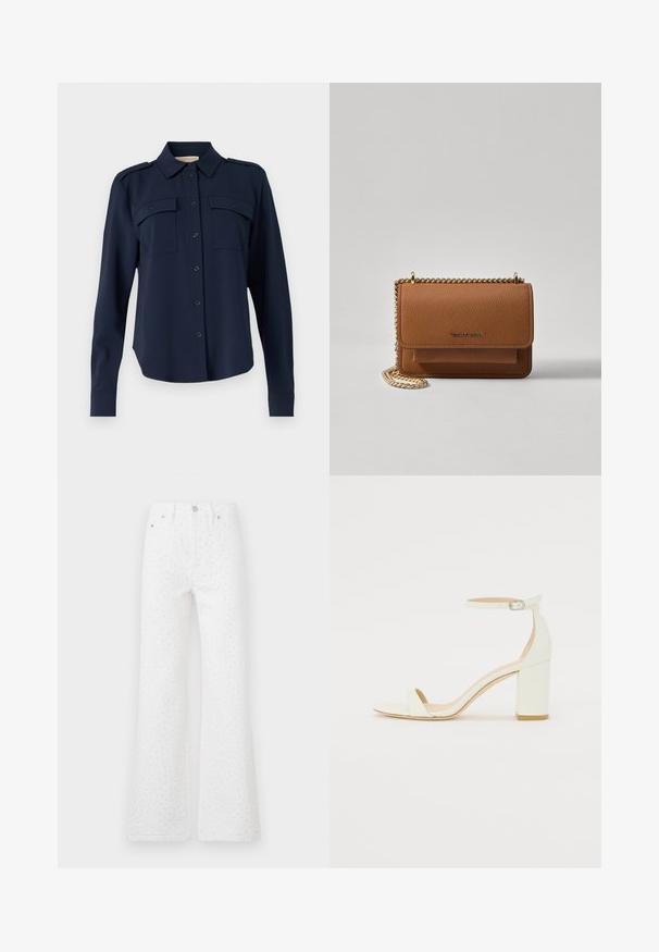 Mornaricno plava košulja dugih rukava izrađena od mekanog materijala. Ima dva džepa na prsima, epoletu na ramenima i dugmadi na manžetama.; Bijele traperice s rasplamsanim krojem od teksturiranog materijala s crnim točkicama. Dizajn s pet džepova s prednjim kopčanjem na dugme i patentni zatvarač.; Bijela kožna sandala na blok petu s remenom oko zapešća i minimalističkim dizajnom. Otvoreni nos i glatke teksture kroz cijelu obuću.; Smeđa kožna torba preko tijela s teksturom, zlatnim lančićem i preklopom na zatvaranju. Na prednjoj strani nalazi se detalj s potpisom i džep ispod preklopa.
