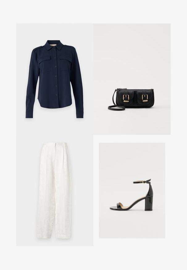 Cămașă albastră închis, cu nasturi, realizată dintr-un material moale. Dispune de două buzunare la piept, epoleți pe umeri și mâneci lungi cu manșete cu nasture.; Pantaloni albi, cu picioare largi, confectionati dintr-un material neted, texturat, avand un model floral subtil si un design plié frontal.; Sandal cu toc lat din piele lacuită neagră, cu vârf deschis și curea pentru gleznă, având o cataramă aurie. Textură netedă și design elegant.; Geantă neagră din piele, tip crossbody, cu două buzunare frontale, catarame aurii, închidere cu fermoar și o curea subțire. Suprafață texturată și formă rectangulară compactă.
