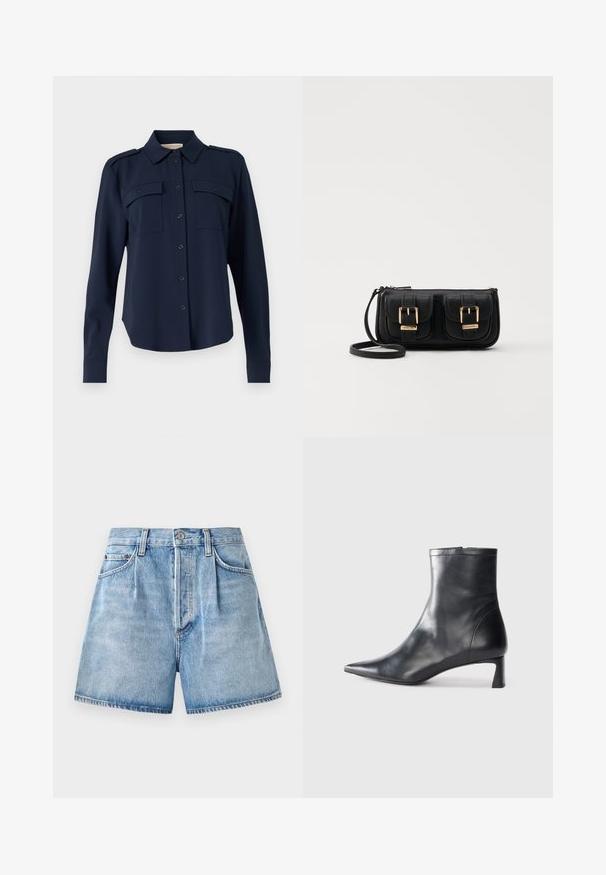 Tamsiai mėlynas mygtukinis marškinis, pagamintas iš minkštos medžiagos. Yra dvi krūtinės kišenės, pečių epauletai ir ilgomis rankovėmis su mygtukais.; Šviesiai mėlyni džinsiniai šortai su aukštu liemeniu, turintys mygtuką ir užtrauktuką, priekinėmis kišenėmis ir neapdorotu sijimu.; Juodas odinis kulkšninis batas su smailiu pirštu ir elegantišku dizainu. Turi žemą kulną ir užtrauktuką gale. Lygi tekstūra.; Juodas odinis per petį nešiojamas krepšys su dviem priekiniais kišenėmis, auksiniais sagtimis, užtrauktuko uždarymu ir siauromis petnešomis. Textūruota paviršius ir kompaktiškas stačiakampis formatas.