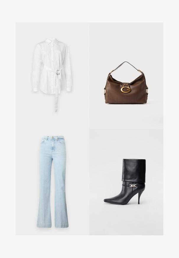 Biała koszula z długim rękawem, z paskiem w talii z metalowym pierścieniem, dopasowany krój oraz gładki bawełniany materiał.; Jasnoniebieskie dżinsy typu dzwony wykonane z denimu. Posiadają wysoką talię, zamek błyskawiczny oraz dwie przednie kieszenie. Subtelne przetarcia na materiale, czyste wykończenie.; Czarne skórzane botki za kostkę z ostrym noskiem, wysokim obcasem w kształcie stiletto, z załamanym mankietem oraz złotym dekoracyjnym zapięciem na kostce.; Brązowa skórzana torebka o teksturowanym wykończeniu, z zapięciem w kolorze złota i pojedynczym, zakrzywionym paskiem na ramię.