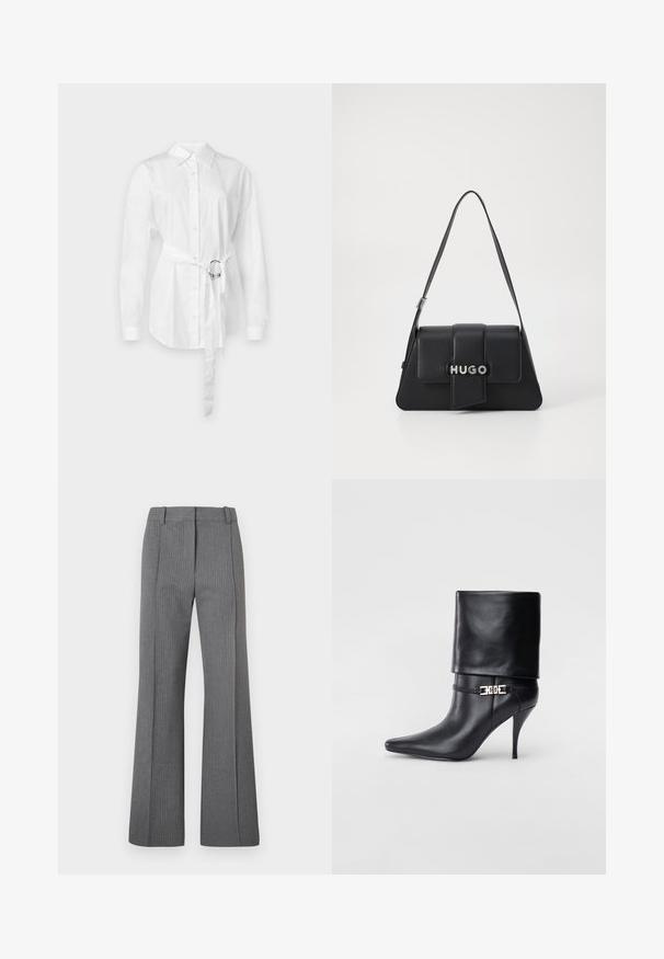 Bjela košulja s dugim rukavima, remenom u struku s metalnim prstenom, krojenog fit-a i glatke pamučne tkanine.; Sive prugaste hlače s flared krojem, ravnim prednjim dijelom, petljama za remen i glatkom teksturom. Cjeloviti dizajn s suptilnim detaljima uzorka.; Crna kožna gležnjača s šiljastim prstom, visokim stiletto potplatom, preklopnim rubom i zlatnom dekorativnom kopčom na gležnju.; Crna kožna torba u obliku trokuta, s prednjim poklopcem, srebrnim hardverom i utisnutim logotipom "HUGO." Jedan naramenik.