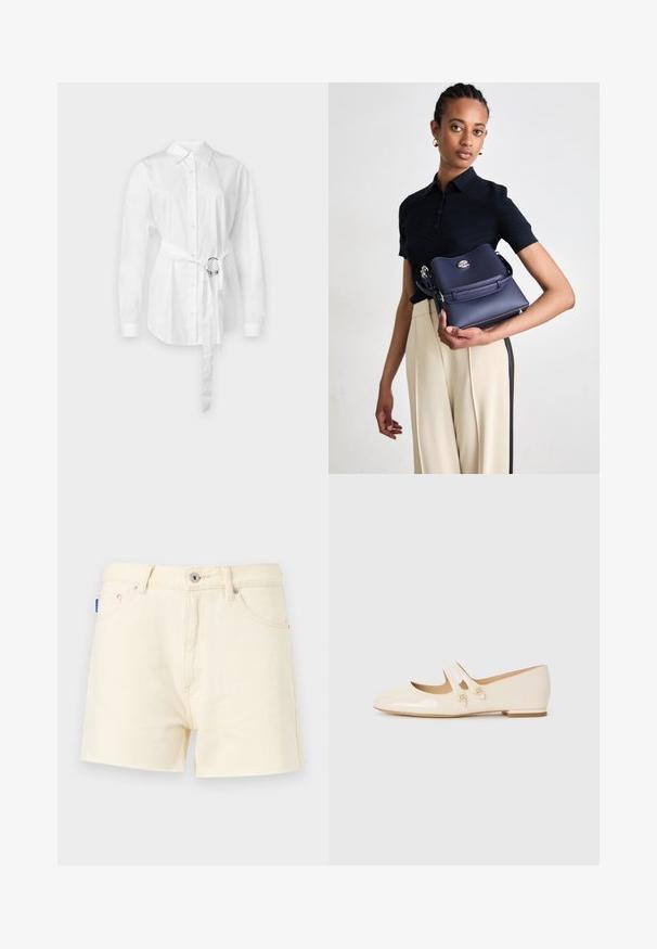 Balta poga augšējā krekls ar garām piedurknēm, jostasvietā ar metāla gredzenu, piegriezums ar pielāgošanu un gluda kokvilnas auduma.; Krēmkrāsas džinsa šorti ar taisno griezumu, ar priekšējo pogu aizdari un piecu kabatu dizainu. Tekstūrēta auduma ar šuvju detaļām.; Ivoza patenta ādas baleta kurpes ar divām dekoratīvām jostām un zelta pogām, ar noapaļotu pirkstu un zemu blokveida papēdi.; Tumši zilas ādas rokassoma ar teksturētu virsmu, sudraba detaļām un vienkāršu aizdari. Modelis to tur pret neitrālu fonu.