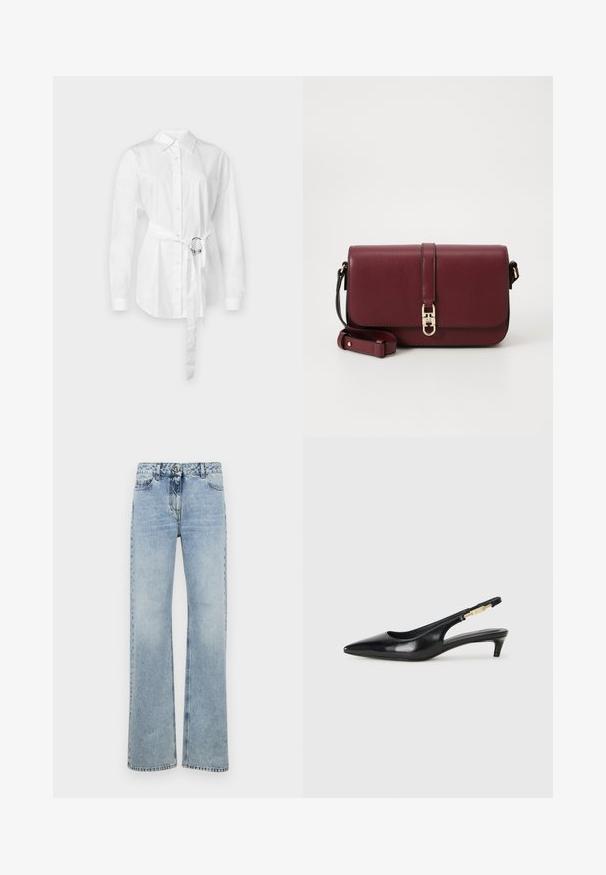 Biely košeľový top s dlhými rukávmi, so zvýrazneným pásom s kovovým krúžkom, prispôsobený strih a hladká bavlnená látka.; Svetlo modré džíny z denimu s vysokým pásom, širokým strihom, piatimi vreckami a šitím pozdĺž švov a pásu.; Čierne kožené slingback opätky s špicatou špičkou, s úzkym opätkom a zlatým detailom na nastaviteľnom remienku. Hladká textúra.; Tommy Hilfiger LIBRE FLAP CROSSOVER - Taška cez plece - deep rouge