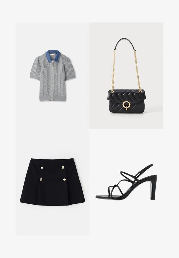 Cardigan gris en tricot à manches courtes avec un motif en treillis, doté d'un col en denim et de cinq boutons dorés sur le devant.; Mini-jupe noire en tissu flexible, dotée de deux boutons dorés à l'avant, d'un design plissé et d'un ourlet droit.; Sandales noires à talons avec des fines lanières, une finition texturée, bout ouvert et un design de talon pointu et élégant. Équipées d'une semelle intérieure lisse et d'une surface brillante.; Sac à main en cuir matelassé noir avec une bandoulière en chaîne dorée, présentant un fermoir à rabat en or arrondi. Forme rectangulaire compacte.