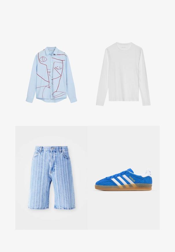 Chemise boutonnière bleu clair ornée de broderies abstraites rouges, comprenant des yeux et un motif avec des dents, avec un col classique et des manches longues.; T-shirt à manches longues de couleur blanche, fabriqué en tissu doux, avec un col rond et un design simple sans motifs ni accents visibles.; Shorts en denim bleu clair avec des rayures blanches verticales, dotés d'un design classique à cinq poches et d'une fermeture à bouton à la taille.; Baskets en daim bleu avec des rayures blanches et le texte "Gazelle". Présentent une semelle en caoutchouc à gomme et des accents texturés sur le dessus. Design classique.