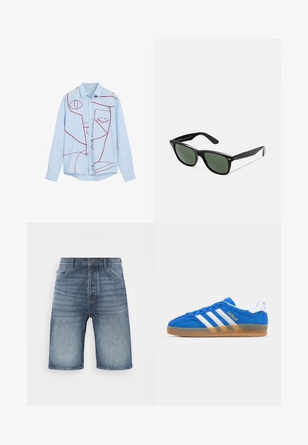 Chemise boutonnière bleu clair ornée de broderies abstraites rouges, comprenant des yeux et un motif avec des dents, avec un col classique et des manches longues.; Shorts en denim bleu clair avec un effet délavé, présentant une taille à boutons, deux poches avant et des coutures décoratives.; Baskets en daim bleu avec des rayures blanches et le texte "Gazelle". Présentent une semelle en caoutchouc à gomme et des accents texturés sur le dessus. Design classique.; Lunettes de soleil en plastique noir avec verres verts, monture carrée, accent argenté sur le sourcil et branches texturées. Marque indiquée sur l'intérieur de la branche.