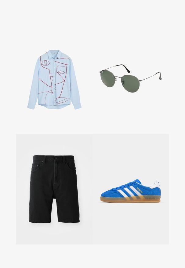 Chemise boutonnière bleu clair ornée de broderies abstraites rouges, comprenant des yeux et un motif avec des dents, avec un col classique et des manches longues.; Shorts en denim noir avec une coupe droite, un design à cinq poches, fermeture à bouton à l'avant et ourlet retroussé. Texture lisse sans motifs visibles.; Baskets en daim bleu avec des rayures blanches et le texte "Gazelle". Présentent une semelle en caoutchouc à gomme et des accents texturés sur le dessus. Design classique.; Lunettes de soleil en métal avec des verres ovales verts. Monture en métal argenté mince et embouts d'oreille noirs. Design minimaliste, sans logos visibles.