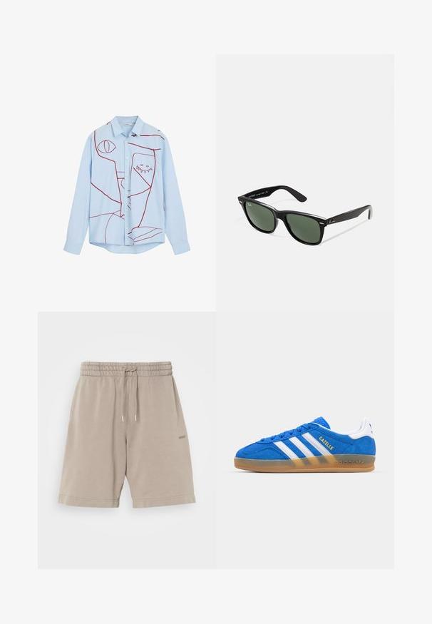 Hele sinine nööpidega särk, millel on punane abstraktne tikand, sealhulgas silmad ja hambuline muster, klassikalise krae ja pikade varrukatega.; Beesidist puuvillased lühikesed püksid elastse vöökohaga, paelaga kinnitamine ja küljetaskud. Sujuv tekstuur, jala peal on trükitud logo.; Sinised sametist tened, valgete triipudega ja "Gazelle" tekstiga. Omab kummist tallat ja tekstureeritud aktsente ülaosas. Klassikaline disain.; Mustad mustan plastiku prillid roheliste läätsedega, ruudukujulised raamid, hõbedane aksent kulmude peal ja tekstuuriga tempelkäed. Brändi nimi on märgitud sisevarrele.